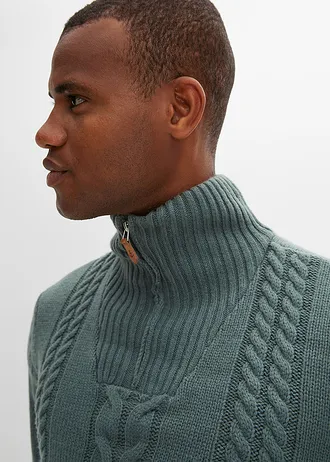 Svetr s límcem na zip a copánkovým vzorem, ze silnější pleteniny • šedozelená • bonprix obchod