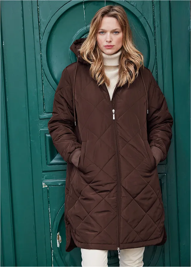 Korte coat met capuchon en stiksels • donkerbruin • product-page.page-title-suffix