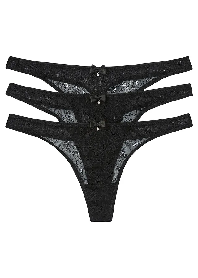 Chilot ministring din dantelă rafinată (set/3 buc.) • negru • magazin bonprix