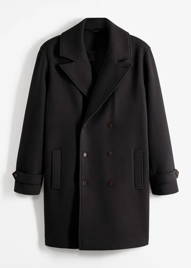 Lange blazerjas met wol, Kleur: zwart