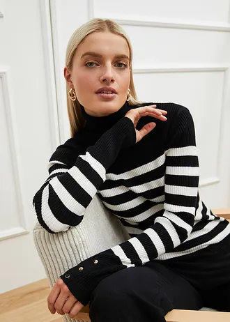 Pull col roulé en viscose mélangée • noir-écru rayé • Boutique bonprix