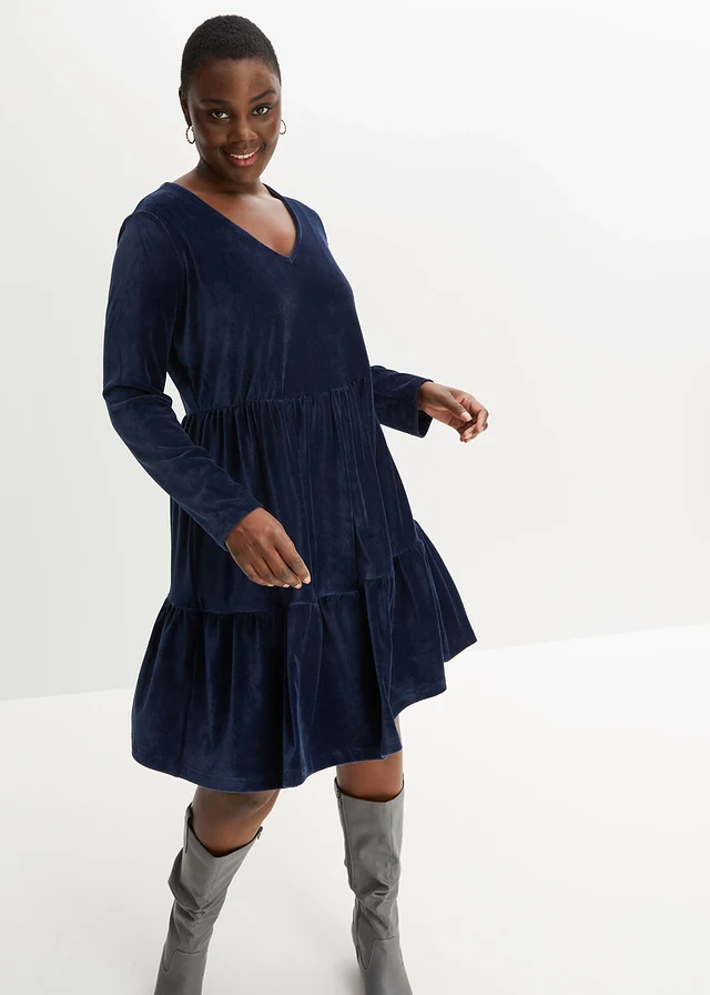 Robe courte en velours extensible, Couleur: bleu foncé