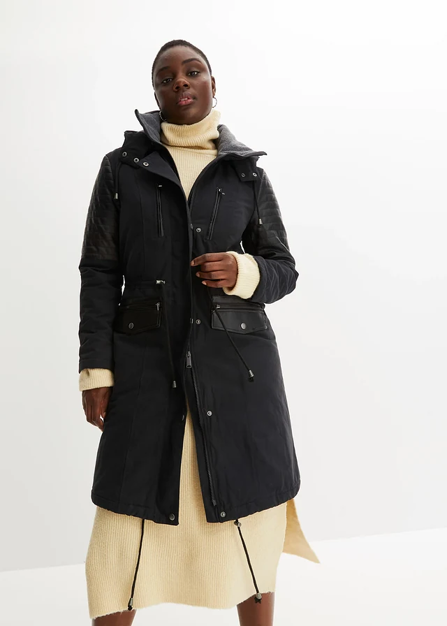 Parka longue à empiècement contrastant, Couleur: noir