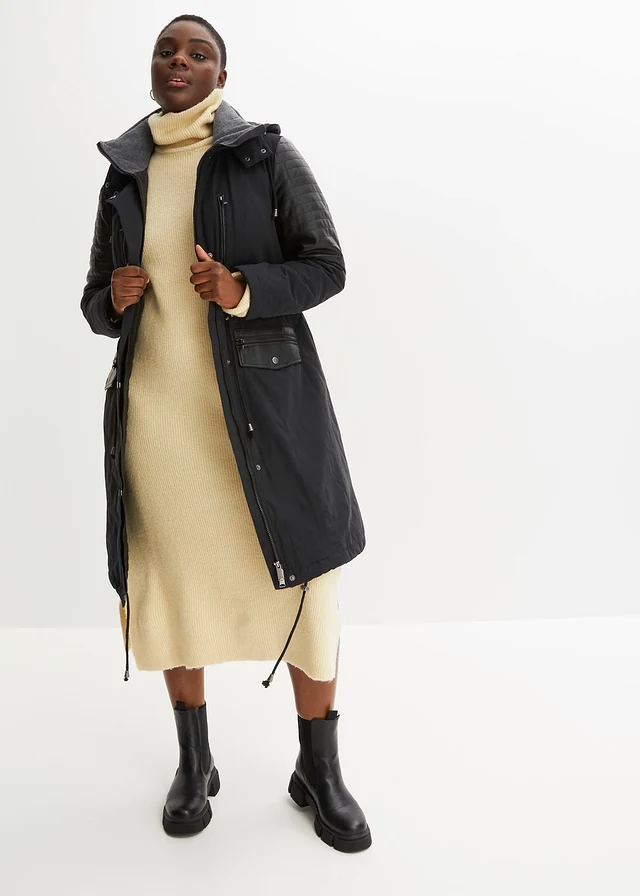 Parka longue à empiècement contrastant, Couleur: noir