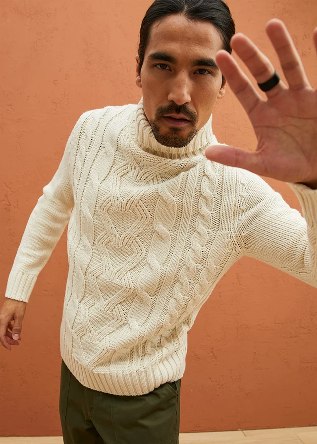 Pull col roulé en maille torsadée, Couleur: naturel
