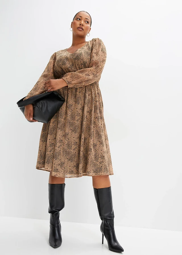 Chiffon jurk, Kleur: camel-zwart