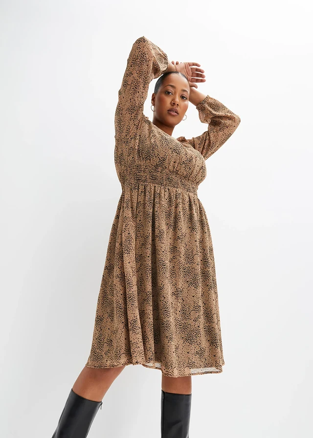 Chiffon jurk, Kleur: camel-zwart