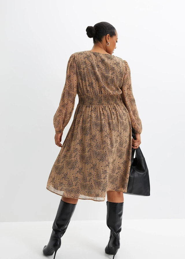 Chiffon jurk, Kleur: camel-zwart