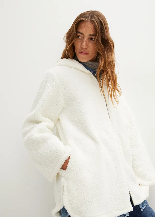 Veste en sherpa coupe trapèze avec fentes latérales, Couleur: écru