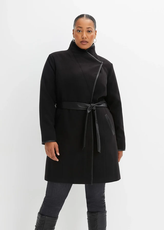 Lange jas in wollen look, Kleur: zwart