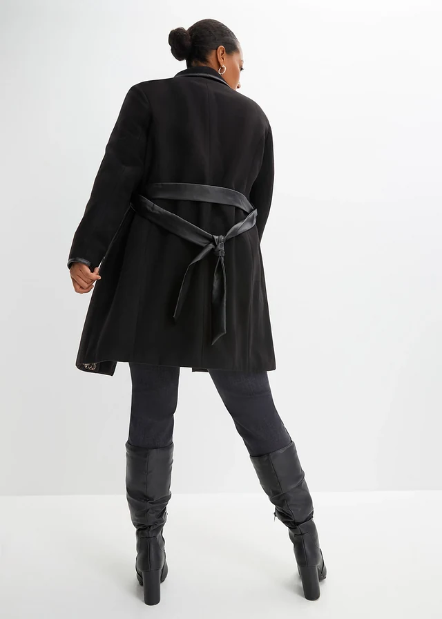 Lange jas in wollen look, Kleur: zwart