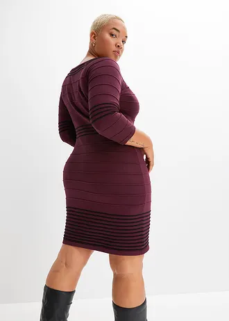 Rochie tricotată din amestec moale cu viscoză, culoare: roșu-vineriu/negru dungat