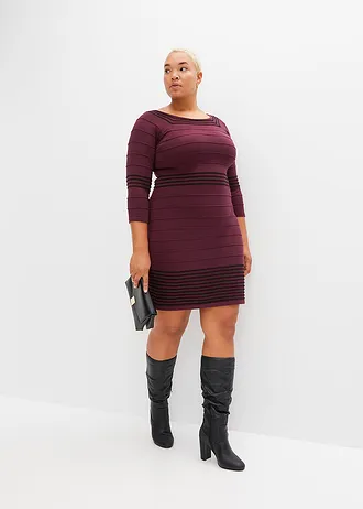 Rochie tricotată din amestec moale cu viscoză, culoare: roșu-vineriu/negru dungat