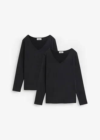 Bluză mulată cu mâneci lungi (set/2 buc.) • negru • magazin bonprix