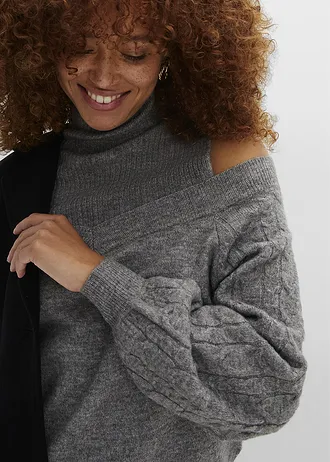 Pulóver kivágott vállakkal • szürke melírozott • bonprix áruház