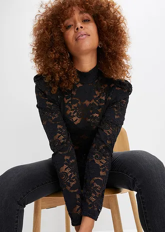 Aansluitend longsleeve met kant, Kleur: zwart