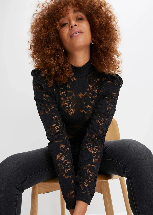 T-shirt manches longues cintré en dentelle • noir • product-page.page-title-suffix