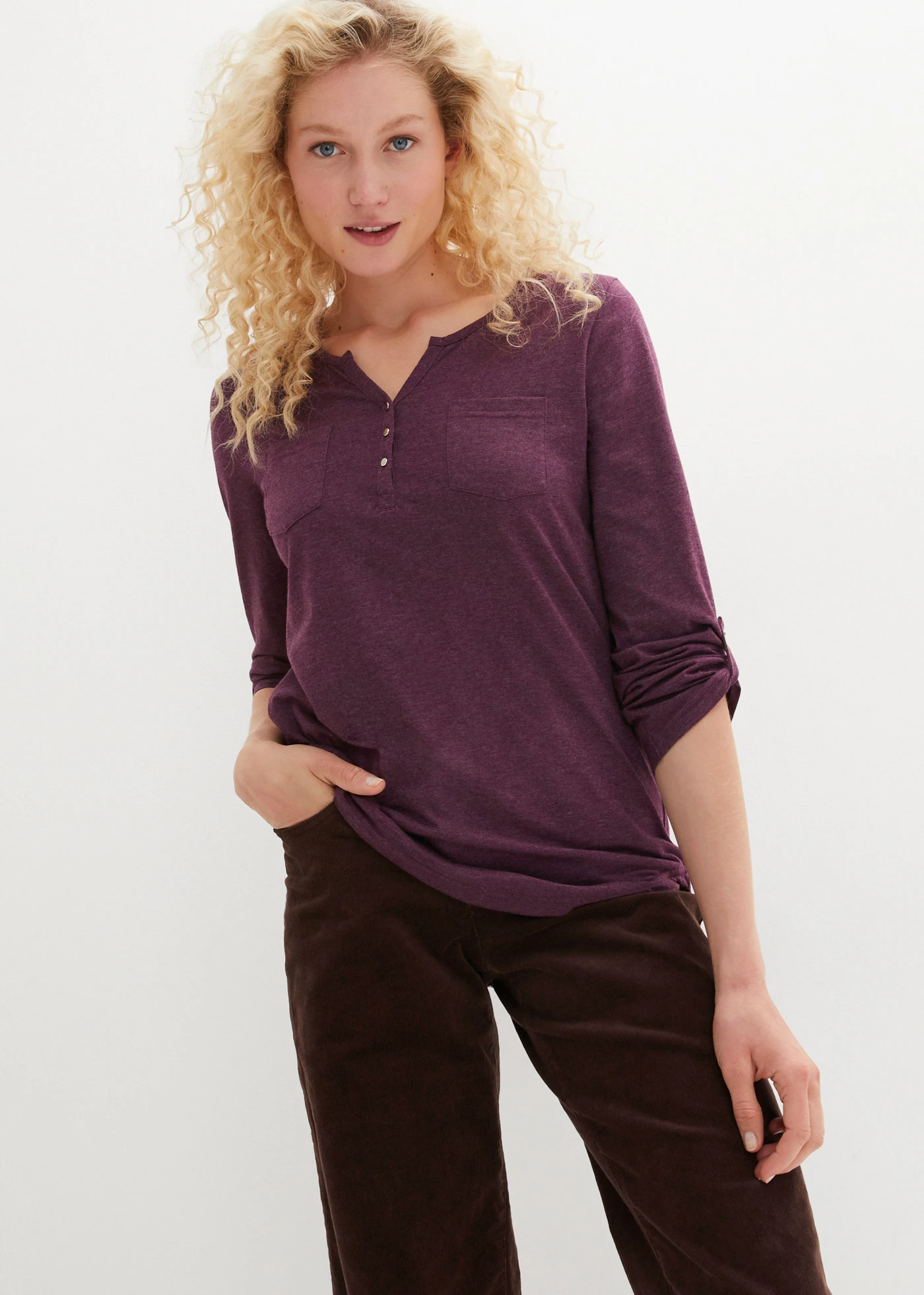 Bluză henley cu bumbac cu fentă de nasturi • mov întunecat melanj • magazin bonprix