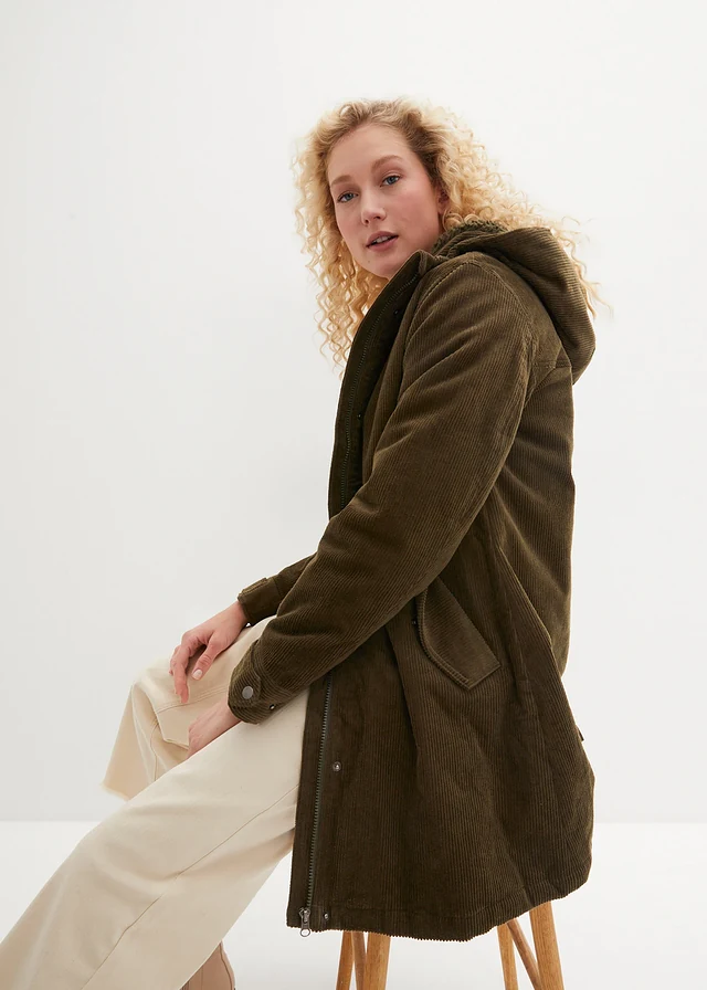 Parka chaude en velours côtelé avec capuche doublée polaire, coupe trapèze • olive foncé • product-page.page-title-suffix