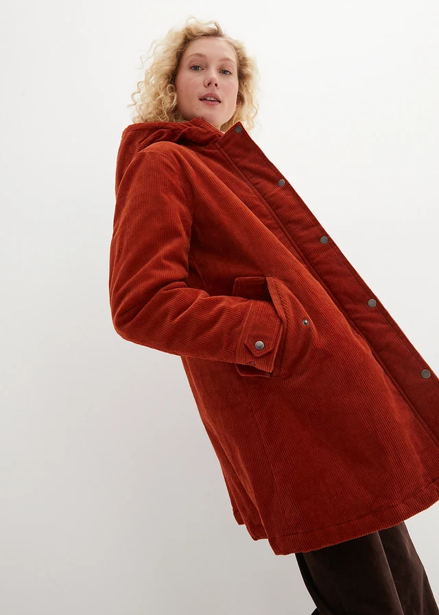 Warme corduroy parka met teddy voering in capuchon, A-lijn • roestbruin • product-page.page-title-suffix
