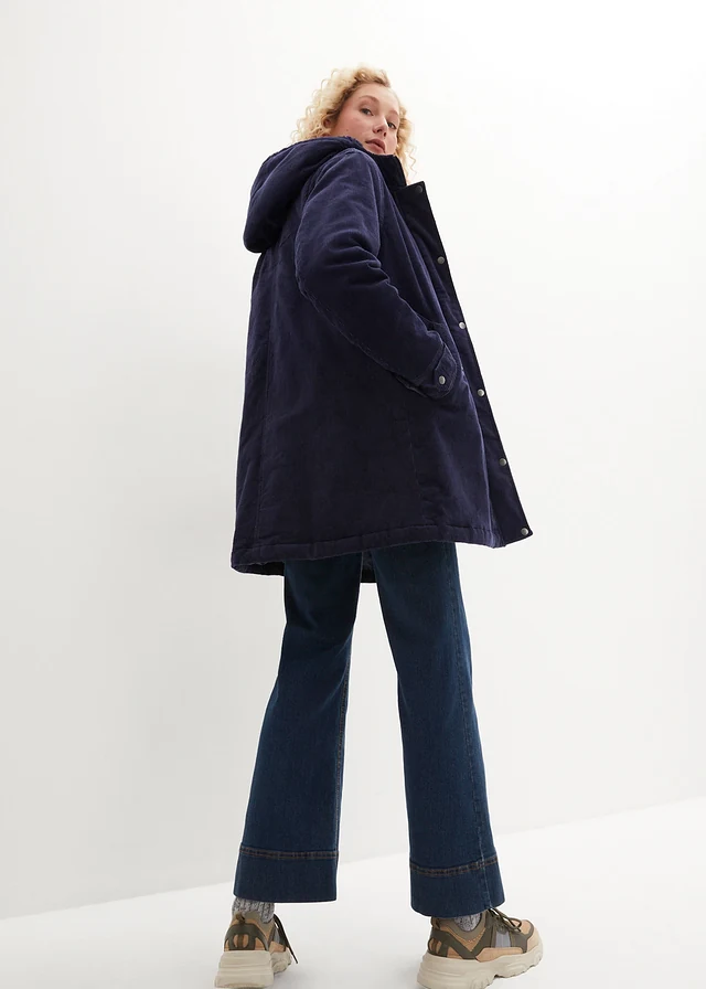 Warme corduroy parka met teddy voering in capuchon, A-lijn, Kleur: donkerblauw