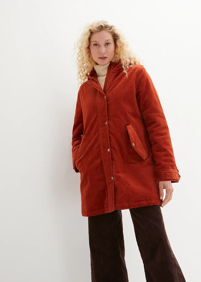 Parka chaude en velours côtelé avec capuche doublée polaire, coupe trapèze, Couleur: rouille