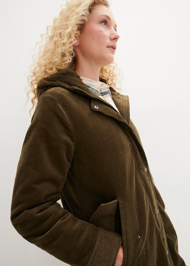 Parka chaude en velours côtelé avec capuche doublée polaire, coupe trapèze • olive foncé • product-page.page-title-suffix