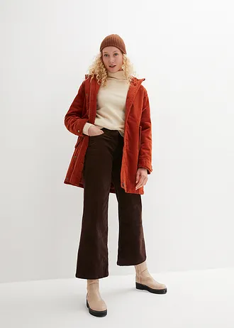 Teplá manšestrová parka s medvídkovou podšívkou v kapuci,  střih do linie A, barva: rezavě hnědá