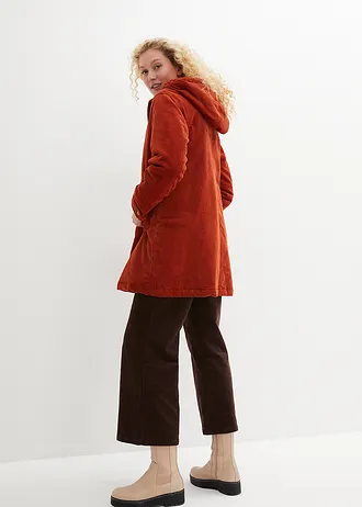 Parka chaude en velours côtelé avec capuche doublée polaire, coupe trapèze, Couleur: rouille