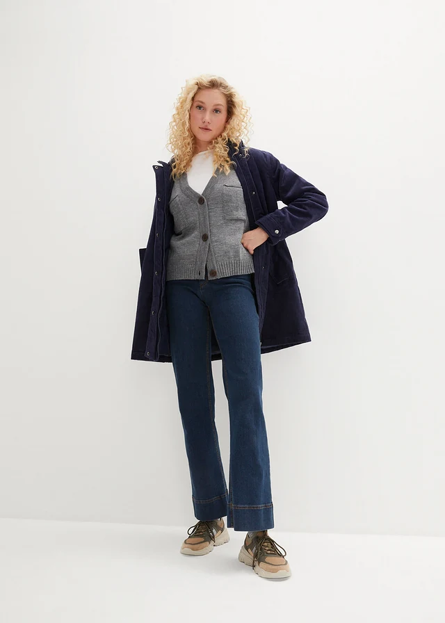 Parka chaude en velours côtelé avec capuche doublée polaire, coupe trapèze, Couleur: bleu foncé