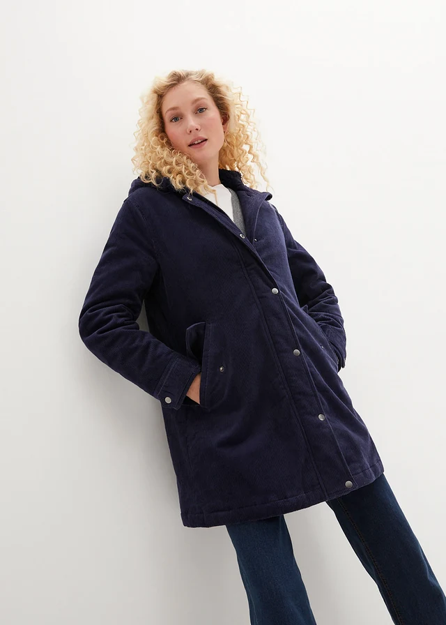 Parka chaude en velours côtelé avec capuche doublée polaire, coupe trapèze, Couleur: bleu foncé