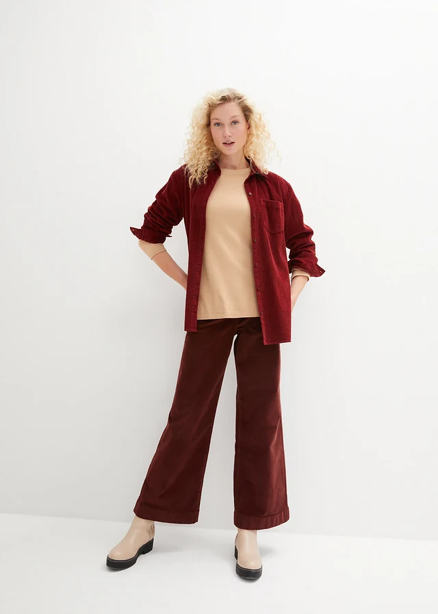 Pantalon large en velours côtelé, taille haute, Couleur: café