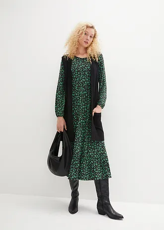 Žerzejové šaty ze splývavé viskózové směsi • jadeově zelená s květy • bonprix obchod