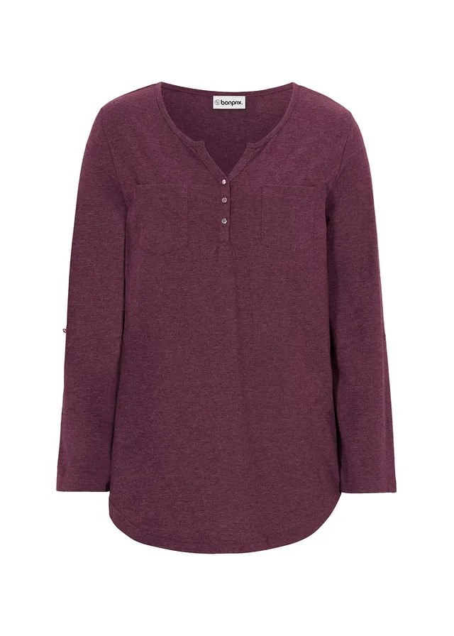 Bavlněné tričko Henley s knoflíkovou légou • bezinkový melír • bonprix obchod