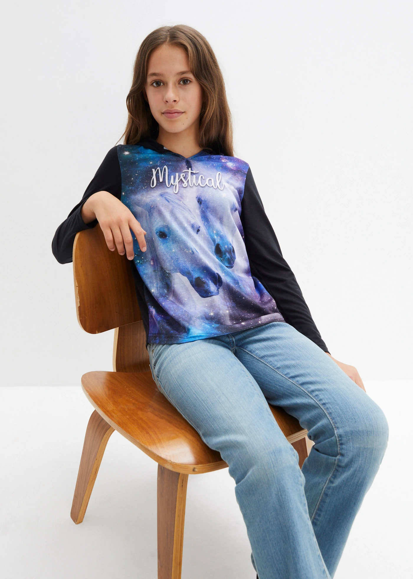 Meisjes longsleeve met capuchon en fotoprint • zwart • bonprix online shop