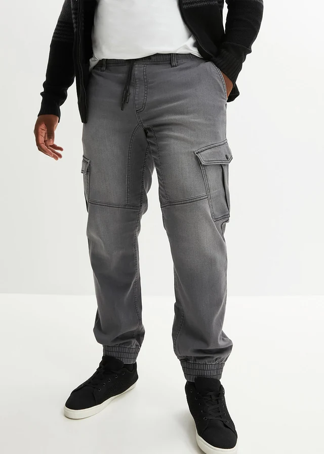 Jean jogger droit avec poches cargo, regular, Couleur: gris denim