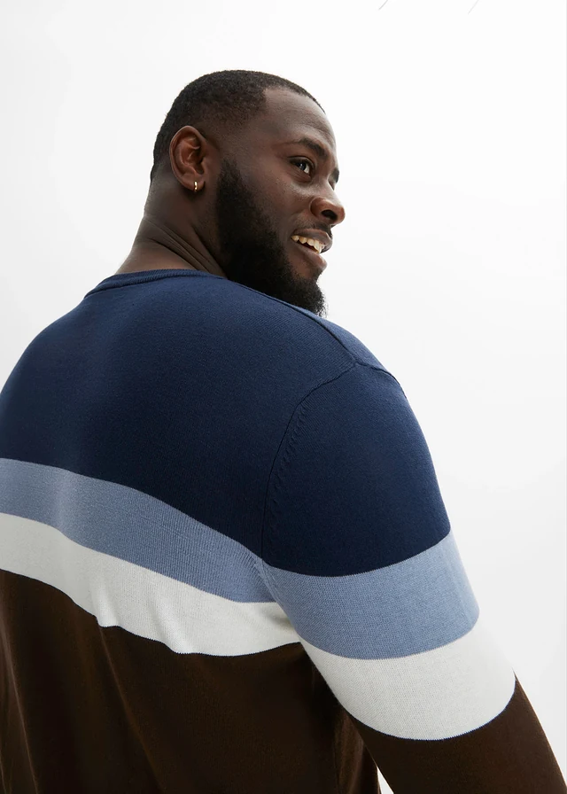 Fijn gebreide trui met colourblocking en katoen • donkerblauw-grijs gemêleerd gestreept plus size • product-page.page-title-suffix