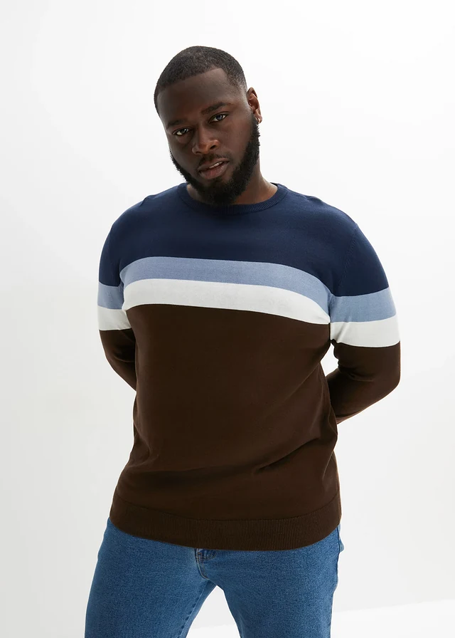 Fijn gebreide trui met colourblocking en katoen • donkerblauw-grijs gemêleerd gestreept plus size • product-page.page-title-suffix