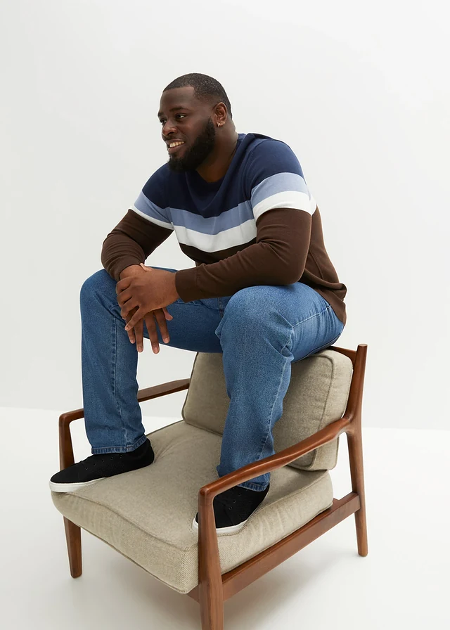 Fijn gebreide trui met colourblocking en katoen • donkerblauw-grijs gemêleerd gestreept plus size • product-page.page-title-suffix