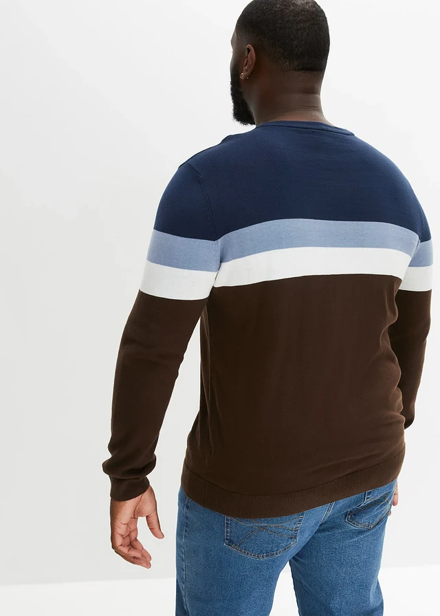 Fijn gebreide trui met colourblocking en katoen • donkerblauw-grijs gemêleerd gestreept plus size • product-page.page-title-suffix