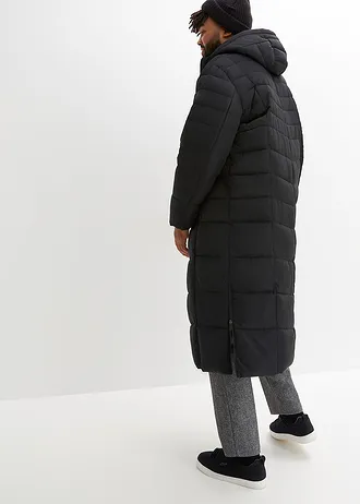 Dlouhý prošívaný kabát s kapucí, barva: černá + kouřově šedá