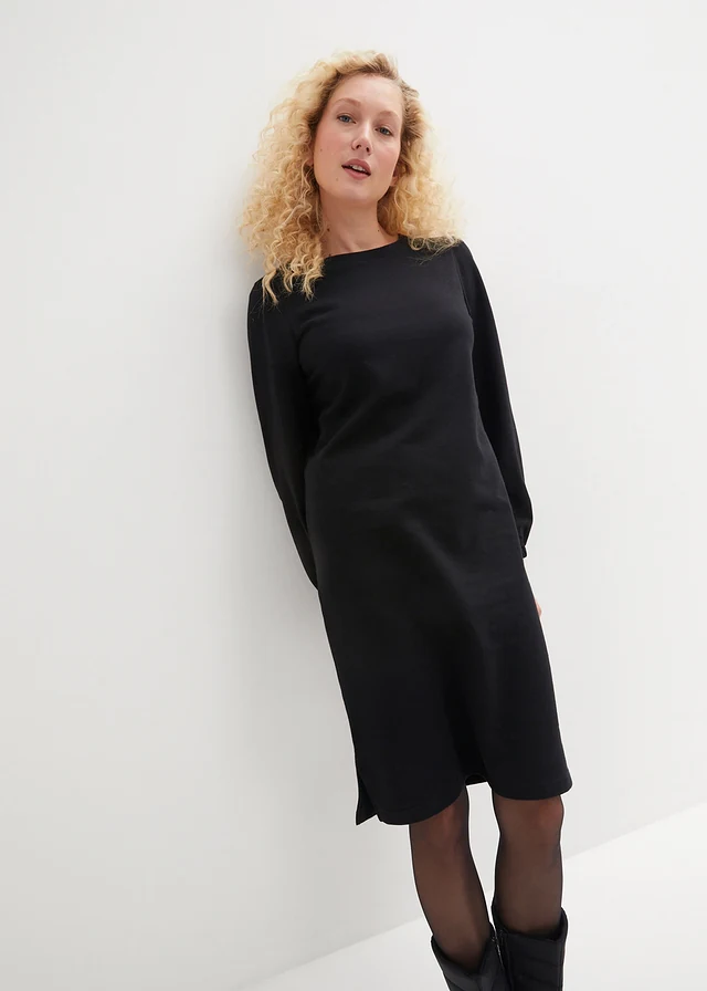 Robe en molleton avec manches ballon et fente, Couleur: noir