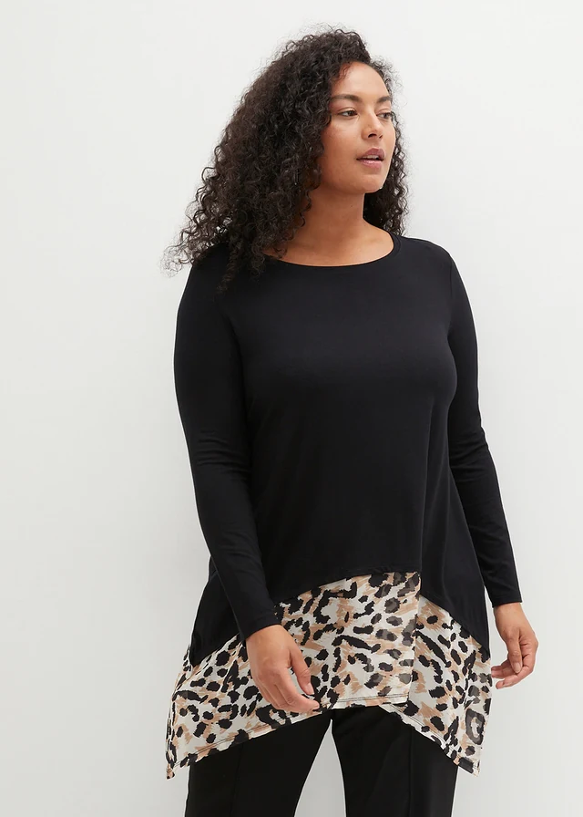 T-shirt long en viscose fluide, Couleur: noir