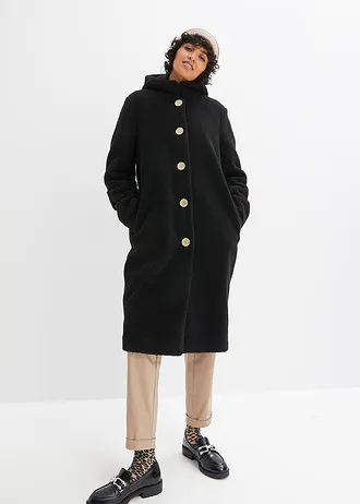 Plyšový kabát s kapucí a kapsami, barva: černá
