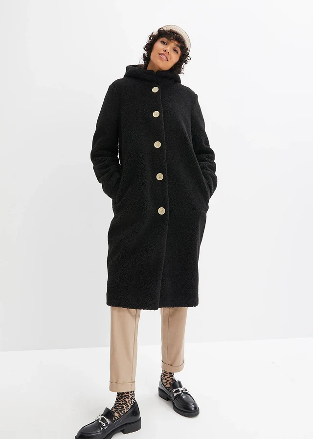 Manteau en sherpa avec capuche et poches, Couleur: noir