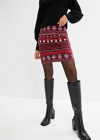 Minirok met Noors patroon van een katoen-elastan-mix, Kleur: esdoornrood-aardbeirood-zwart-wolwit Noors patroon