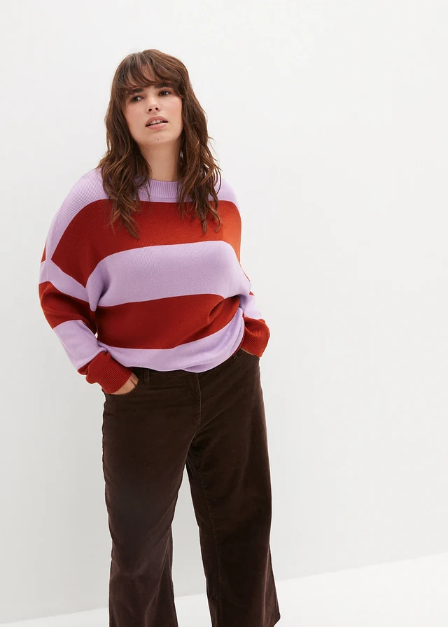 Pull en fine maille à larges rayures, Couleur: parme/rouille rayé