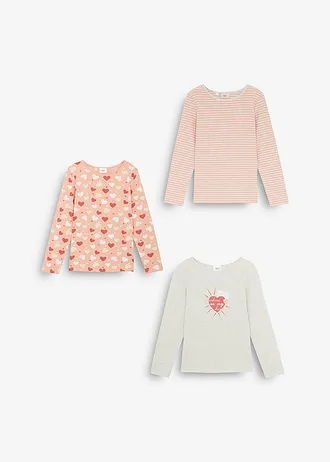 Dívčí tričko s dlouhým rukávem, z čisté organické bavlny (3 ks v balení) • přírodní melír+světle korálová • bonprix obchod