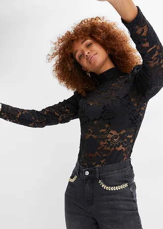 Aansluitend longsleeve met kant, Kleur: zwart