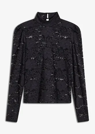 T-shirt manches longues cintré en dentelle • noir • Boutique bonprix